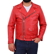 Genuine Cowhide Biker Jacket Heavy Duty Leather Brando Retro Coat Rock Red