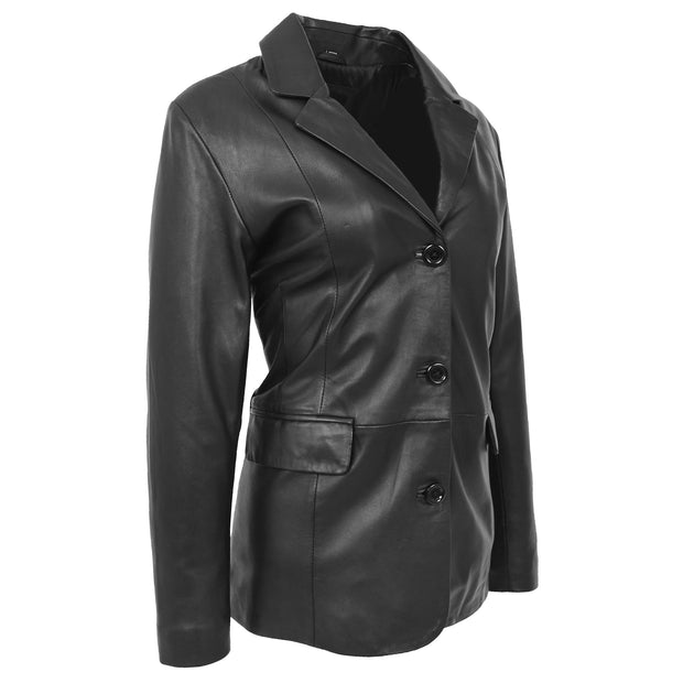 Womens Soft Black Leather Blazer Jacket Button Fasten Semi Fit Coat Leila Front  Angle 1