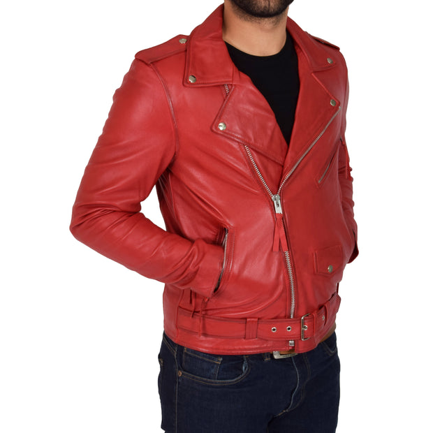 Mens Brando Biker Leather Jacket Elvis Red pockets