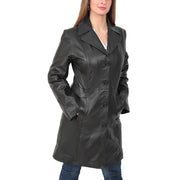 Womens 3/4 Button Fasten Leather Coat Cynthia Black main view