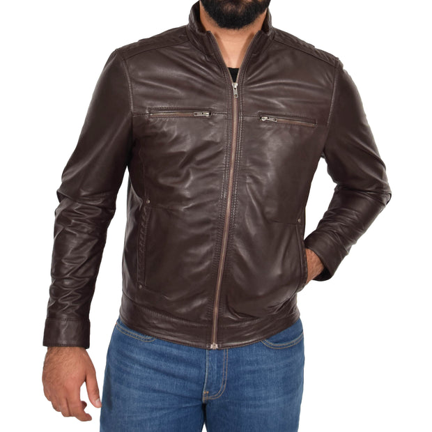 Mens Genuine Leather Biker Jacket Fitted Zip Up Coat Felix Brown Front