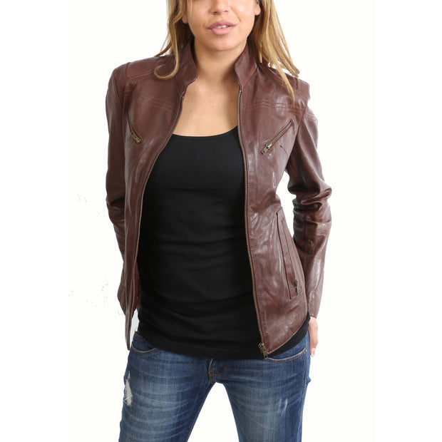 Womens Fitted Leather Biker Jacket Casual Zip Up Coat Jenny Brown Open