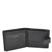 Mens Leather Bifold Wallet Cards Banknote Coins Case Snap Closure AV67 Black Open 1