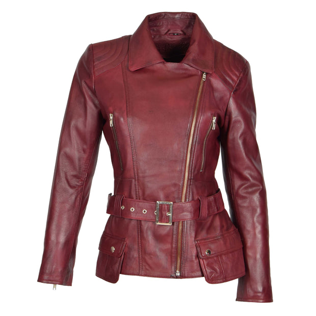 Womens Biker Leather Jacket Slim Fit Cut Hip Length Coat Coco Burgundy Front
