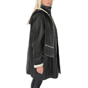 Ladies Parka Leather Coat Black Beige Trim Hooded with Scarf Dress Jacket Pat Side