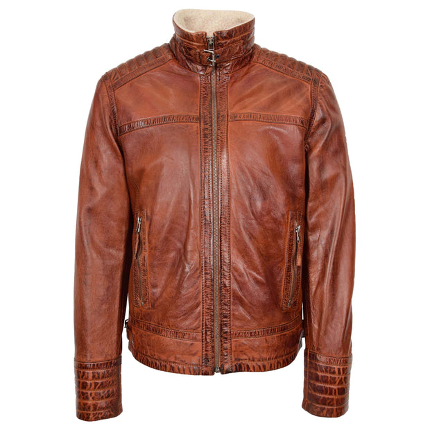 Mens Genuine Leather Biker Style with Sherpa Lined DEAN Brown Flame 1