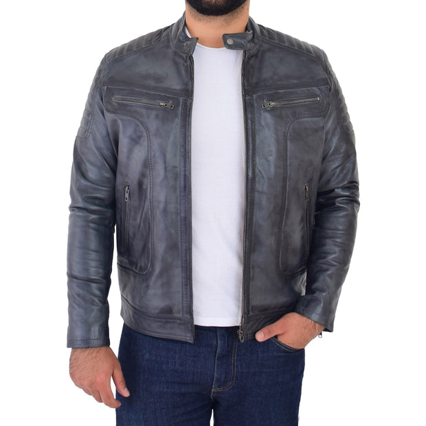 Trendy Genuine Soft Leather Biker Zipper Jacket For Men Rider Grey Front 3
