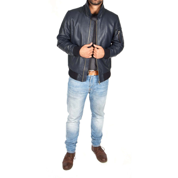 Mens Real Cowhide Bomber Leather Pilot Jacket Lance Navy Full