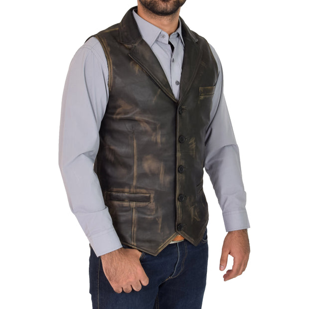 Mens Genuine Soft Leather Waistcoat Western Vest Yelek Rhys Rub Off Front 1