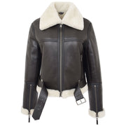 Womens Luxurious Brown Genuine Sheepskin Flying Jacket White Shearling Harriet Open Belt