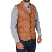 Mens Genuine Soft Leather Waistcoat Western Vest Yelek Rhys Tan Front 2