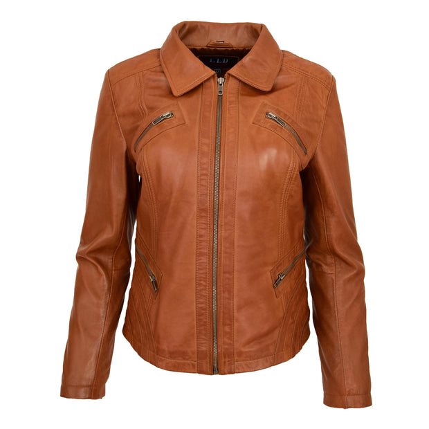 Ladies Soft Leather Jacket Fitted Collared Zip Fasten Biker Style Leah Tan Front
