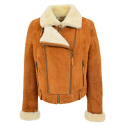Womens Real Sheepskin Jacket Cognac Merino Shearling Coat Poppy Front 3