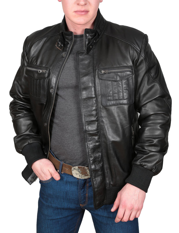 Mens Bomber Soft Leather Jacket Zip Fasten Ryan Black