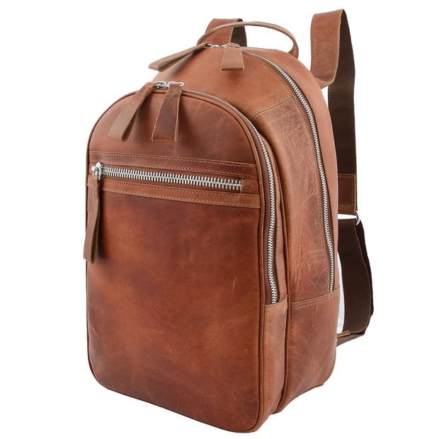 High Quality Genuine Tan Leather Backpack Large Size Work Casual Travel Bag Trek Front Angle