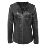 Womens Collarless Black Leather Jacket Round Neck Semi Fit Chelo Neck Open