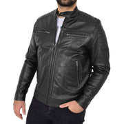 Trendy Genuine Soft Leather Biker Zipper Jacket For Men Rider Black Front 4