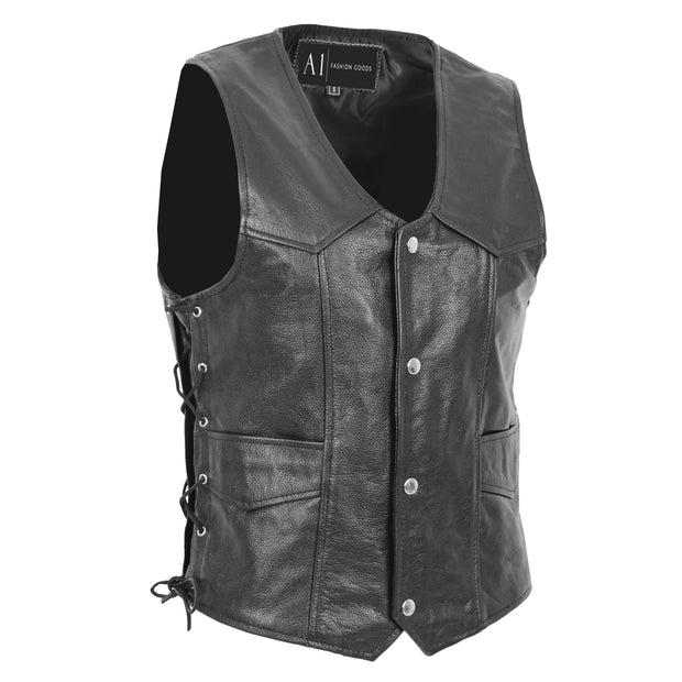 Mens Genuine Cowhide Black Leather Waistcoat Laced Sides Bikers Gilet Capone  Front 1