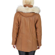 Womens Zip up Detachable Hood Parka Duffle Leather Coat Isabella Tan Back 1