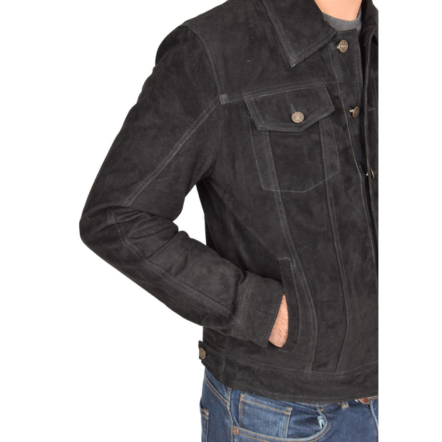 Mens Real Soft Goat Suede Trucker Denim Style Jacket Chuck Black Feature