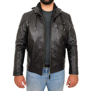 Mens Real Black Leather Hooded Jacket Sports Fitted Biker Style Coat Barry Open Front
