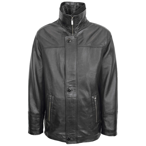 Mens 3/4 Long Leather Box Jacket Soft Parka Car Coat HARVEY Black 3
