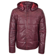 Mens Real Leather Puffer Jacket Fully Padded With Hood DRACO Burgundy 3