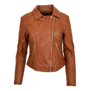 Womens Designer Leather Biker Jacket Fitted Quilted Coat Bonita Tan Front
