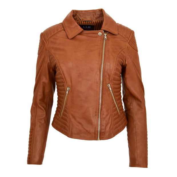 Womens Designer Leather Biker Jacket Fitted Quilted Coat Bonita Tan Front