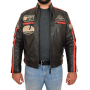 Mens Black Real Leather Biker Jacket Motorsport Racing Badges Designer Coat Frank Open Front