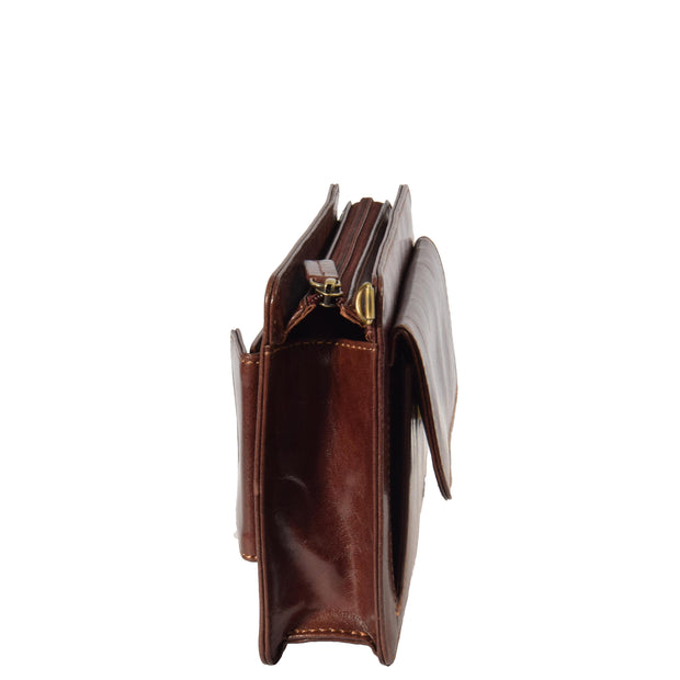 Mens Leather Wrist Bag Mobile Money Clutch A7 Brown Side