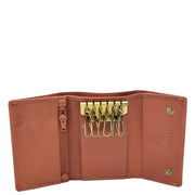 Soft Leather Key Wallet Tri-fold Six Keys Ring Case AV11 Brown Open