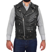 Mens Cowhide Leather Biker Waistcoat Sleeveless Brando Style Gilet Hurley Black Front 2