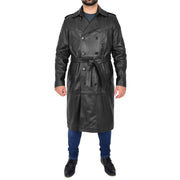 Mens Trench Leather Coat 3/4 Long Black Reefer Overcoat Sherlock Front