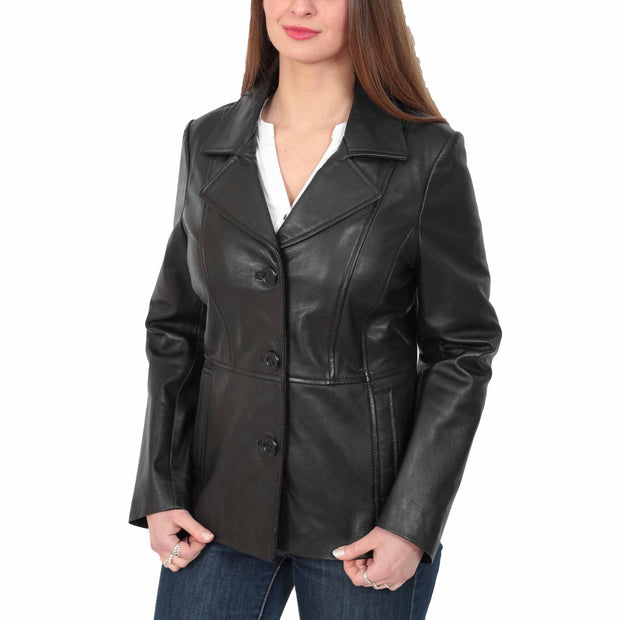 Ladies Leather Blazer Coat Fitted Classic Hip Length Jacket Judy Black Front
