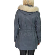 Womens Duffle Leather Coat Detachable Hood 3/4 Long Parka Jacket Mila Sky Blue Back 1