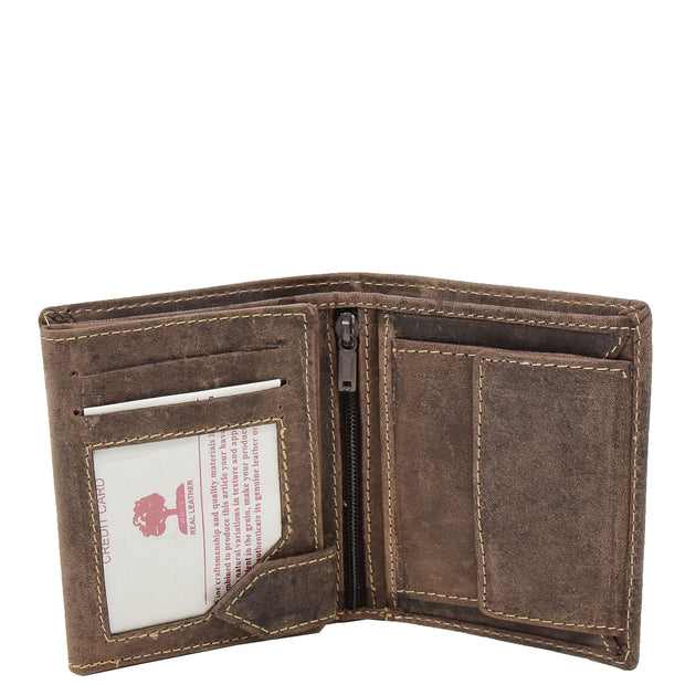 Mens Real Leather Bifold Wallet Credit Cards Coins Note Holder AV61 Brown Open 1