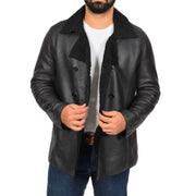 Mens Authentic Sheepskin Jacket Reefer Blazer Pea Coat Lorenzo Black Open 2