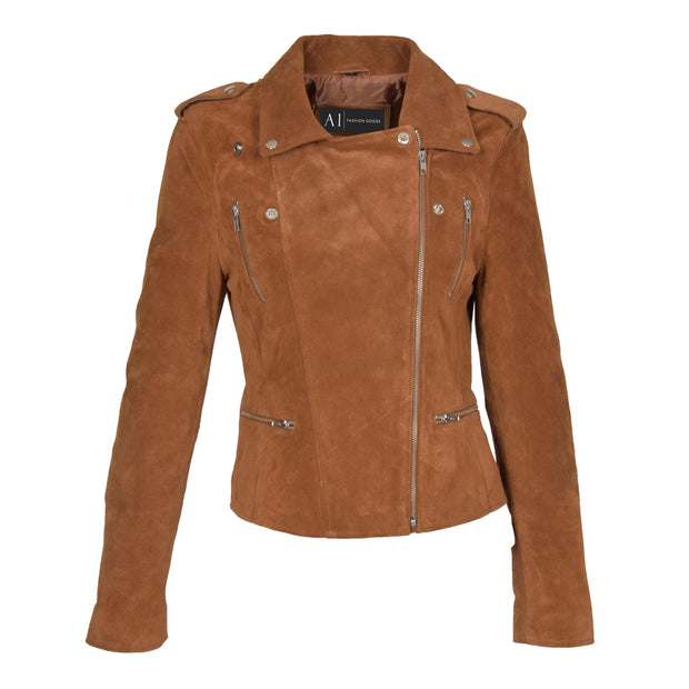 Womens Genuine X-Zip Fitted Biker Tan Suede Leather Jacket Rusty Close Neck