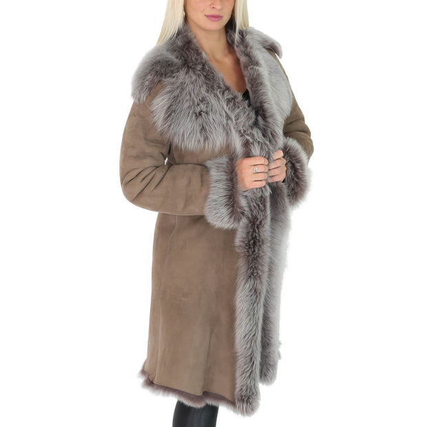 Womens Luxurious Toscana Long Coat Real Sheepskin Pamela Taupe Front 1