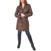 Womens 3/4 Button Fasten Leather Coat Cynthia Brown Full 2