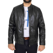 Mens Soft Black Leather Casual Zip Fasten Jacket - Nobel 4