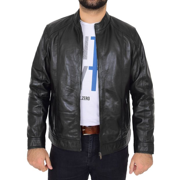 Mens Soft Black Leather Casual Zip Fasten Jacket - Nobel 4