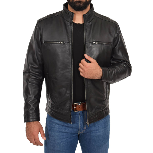 Mens Genuine Leather Biker Jacket Fitted Zip Up Coat Felix Black Open 2