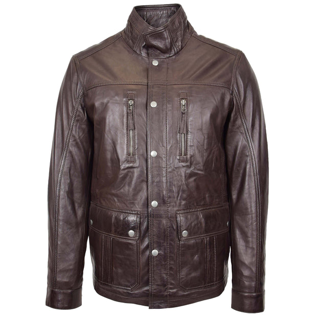 Mens Genuine Leather Parka Jacket 3/4 Long Car Coat RUSSO Brown 3