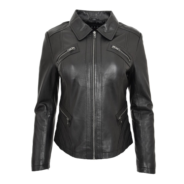 Ladies Soft Leather Jacket Fitted Collared Zip Fasten Biker Style Leah Black Front