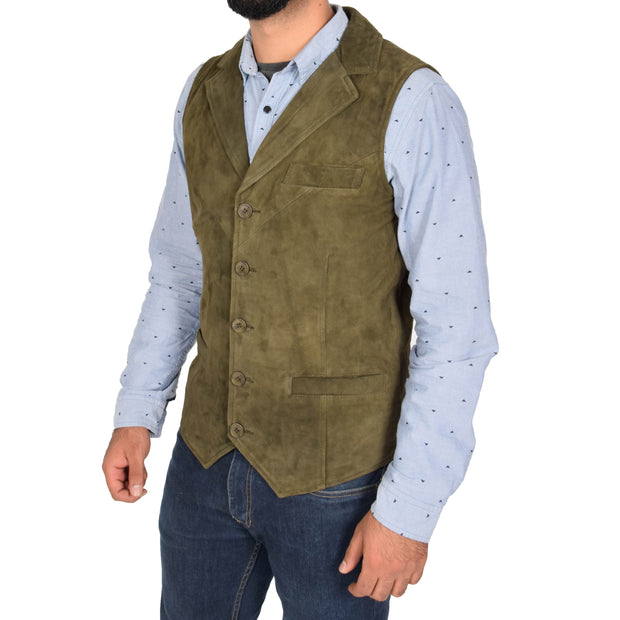 Mens Real Suede Leather Waistcoat Classic Vest Yelek Status Green Front 2