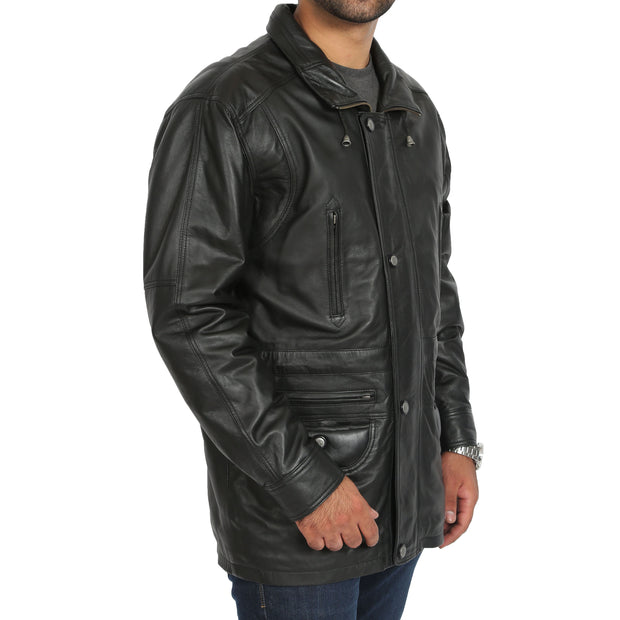 Gents Classic Soft Leather Parka Car Coat Steve Black side view