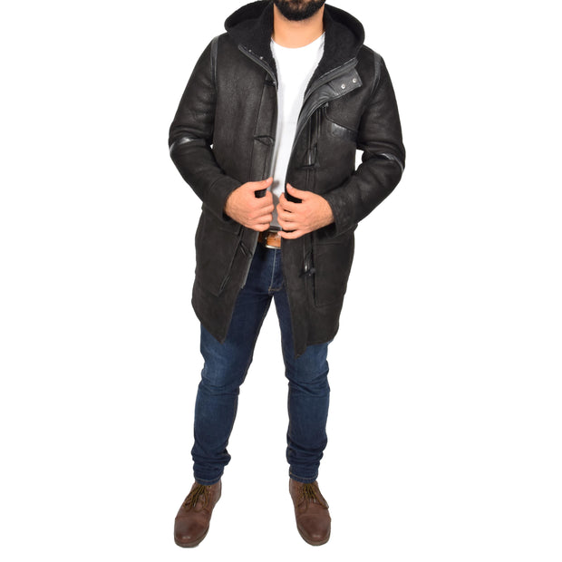 Mens Genuine Sheepskin Duffle Coat 3/4 Long Hooded Jacket Ace Black Full