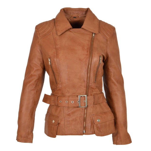 Womens Biker Leather Jacket Slim Fit Cut Hip Length Coat Coco Tan Front 2